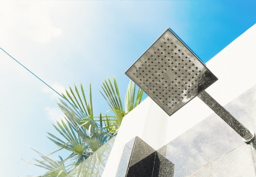 outdoor rain shower and blue sky