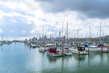 Fototapeta na wymiar Boats at Westhaven Marina, Auckland New Zealand; Cloudy morning above Auckland; Nice scenery