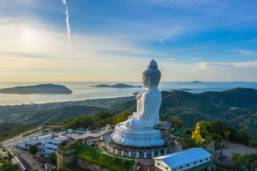 aerial view Phuket Big Buddha is one of the island most important and revered landmarks on the island..big Buddha is on the top of high mountain can see around the Phuket island when you are there - obrazy, fototapety, plakaty