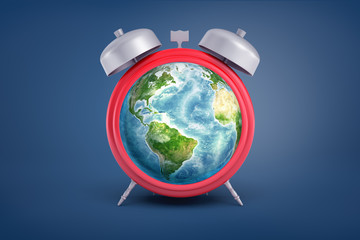 Fototapeta na wymiar 3d rendering of retro alarm clock with metal bells and an Earth globe instead of its face stands on a blue background.
