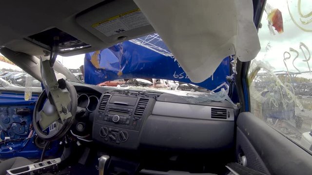 View from inside a car victim of a road accident where it got destroyed. Car crash scene