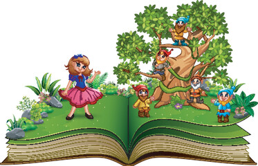 Naklejka premium Otwórz książkę z kreskówką karła na drzewach i śnieżnobiałej