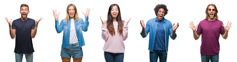 Composition of african american, hispanic and chinese group of people over isolated white background celebrating crazy and amazed for success with arms raised and open eyes screaming excited