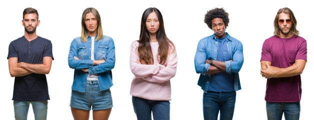 Composition of african american, hispanic and chinese group of people over isolated white background skeptic and nervous, disapproving expression on face with crossed arms. Negative person.
