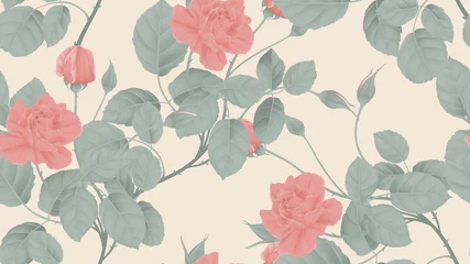 Foto op Canvas Floral seamless pattern, red rose flowers and leaves on light orange background, pastel vintage theme © momosama