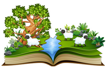 Open book with group of sheep cartoon playing in the river