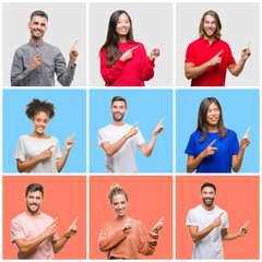 Collage of group of young people over colorful isolated background smiling and looking at the camera pointing with two hands and fingers to the side.