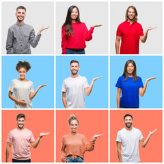 Fototapeta na wymiar Collage of group of young people over colorful isolated background smiling cheerful presenting and pointing with palm of hand looking at the camera.