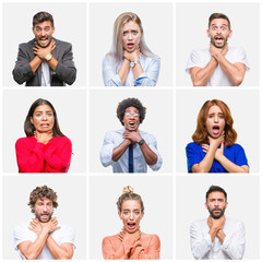 Collage of group of young people woman and men over isolated background shouting and suffocate because painful strangle. Health problem. Asphyxiate and suicide concept.