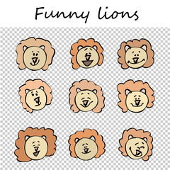 Funny lions. Doodle animal faces with positive emotions, black outlines, flat colorful images, transparent background. Emoticons. Emotional icons. Vector illustration.