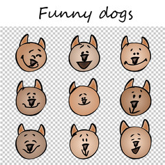 Funny dogs, puppies. Doodle animal faces with positive emotions, black outlines, colorful images, transparent background. Emoticons. Emotional icons. Vector illustration.