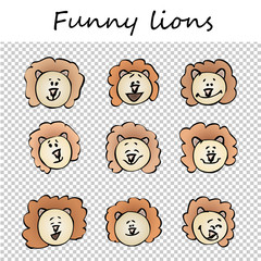 Funny lions. Doodle animal faces with positive emotions, black outlines, colorful images, transparent background. Emoticons. Emotional icons. Vector illustration.