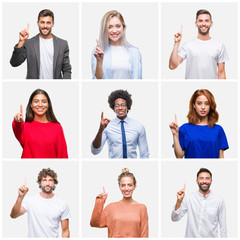 Collage of group of young people woman and men over isolated background showing and pointing up with finger number one while smiling confident and happy.