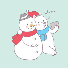 Cartoon cute Christmas polar bear and snowman selfie vector.
