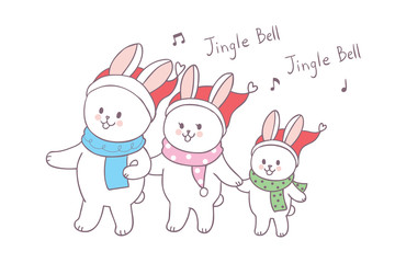 Cartoon cute Christmas family rabbits sing a song vector.