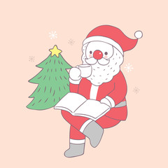 Cartoon cute Christmas Santa Claus drinking coffee vector.