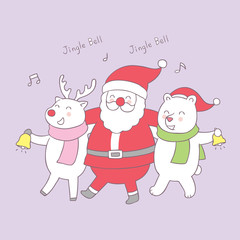 Cartoon cute Christmas Santa Claus and reindeer and polar bear sing song vector.