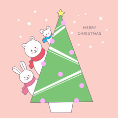 Cartoon cute Christmas animals and Christmas tree vector.