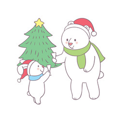 Cartoon cute Christmas polar bear and rabbit vector.