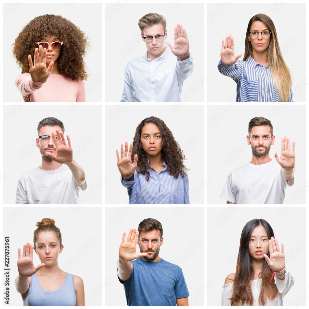 Canvas Prints Collage of group of young people woman and men over white solated background doing stop sing with palm of the hand. Warning expression with negative and serious gesture on the face.