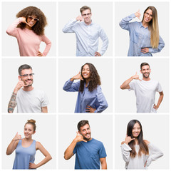 Fototapeta na wymiar Collage of group of young people woman and men over white solated background smiling doing phone gesture with hand and fingers like talking on the telephone. Communicating concepts.