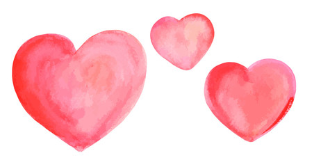 A vector set of watercolour drawings of pink hearts, isolated on a white background