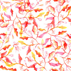 Fototapeta na wymiar Seamless pattern with abstract red and yellow branches and leaves and watercolour splashes