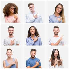 Fototapeta na wymiar Collage of group of young people woman and men over white solated background cheerful with a smile of face pointing with hand and finger up to the side with happy and natural expression on face
