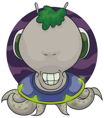 Smiling Alien with Tentacles and Floating in its Spaceship, Vector Illustration
