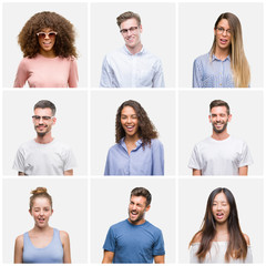 Collage of group of young people woman and men over white solated background winking looking at the camera with sexy expression, cheerful and happy face.