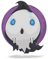 Little Ghost Seeking a House to Haunt Wearing Dark Robes, Vector Illustration