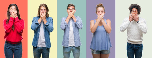 Composition of african american, hispanic and chinese group of people over vintage color background shocked covering mouth with hands for mistake. Secret concept.