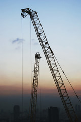 Construction Site with Tower Cranes and City Skyline at Twilight