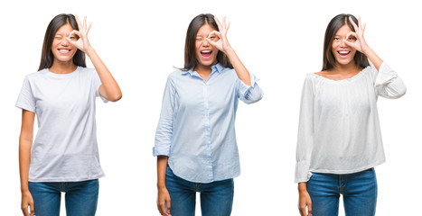 Collage of asian young woman standing over white isolated background doing ok gesture with hand smiling, eye looking through fingers with happy face.