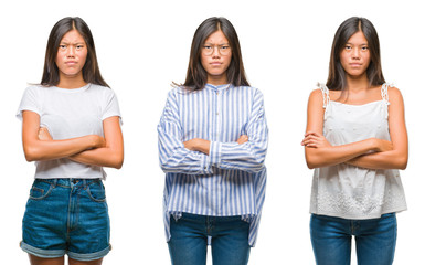Collage of asian young woman standing over white isolated background skeptic and nervous,...