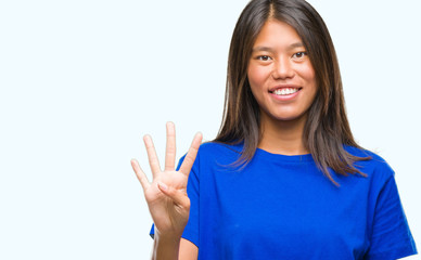 Young asian woman over isolated background showing and pointing up with fingers number four while smiling confident and happy.