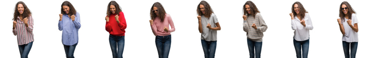 Composition of young brazilian woman isolated over white background very happy and excited doing winner gesture with arms raised, smiling and screaming for success. Celebration concept.
