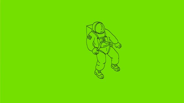 2d Animation motion graphics showing a drawing of an astronaut, cosmonaut or spaceman floating in space on green screen in HD 720p high definition.