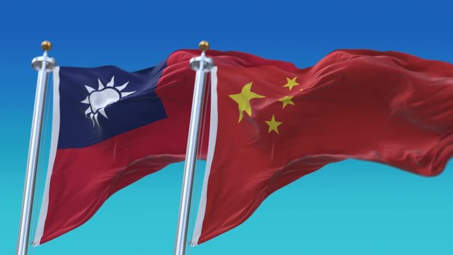 4k Seamless Taiwan and China Flags with blue sky background,A fully digital rendering,The animation loops at 20 seconds,TWN CN.