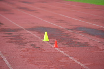 Artificial track and field with green grass combined with artificial grass