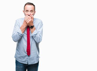 Middle age hoary senior business man wearing red tie over isolated background shocked covering mouth with hands for mistake. Secret concept.