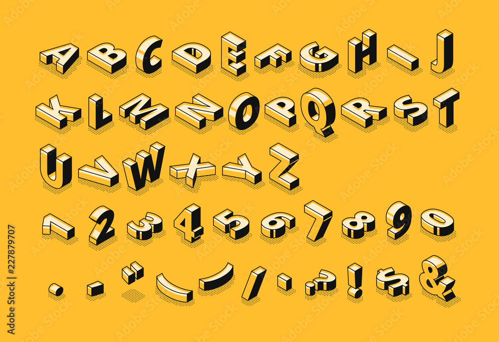 Fototapete isometric letters halftone font vector illustration of thin line cartoon abstract alphabet typograph