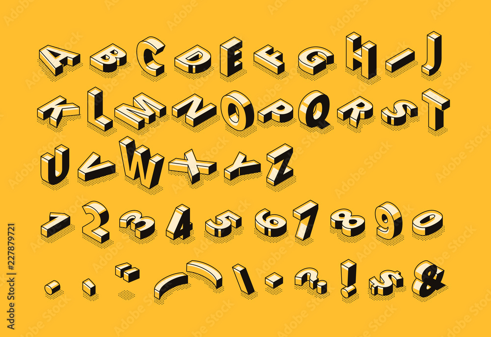 Fototapete isometric letters halftone font vector illustration of thin line cartoon abstract alphabet typograph