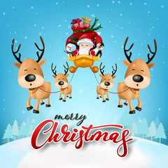 Funny Christmas Greeting Card, With Santa Claus, Deer, Snowman and penguin, vector illustration.