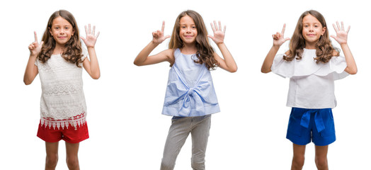 Collage of hispanic young child over isolated background showing and pointing up with fingers number seven while smiling confident and happy.