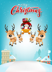 Funny Christmas Greeting Card, With Santa Claus, Deer, Snowman and penguin, vector illustration.