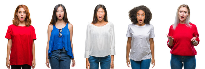 Collage of group of beautiful Chinese, asian, african american, caucasian women over isolated background afraid and shocked with surprise expression, fear and excited face.