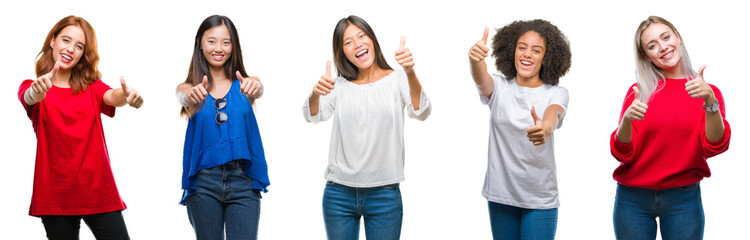 Collage of group of beautiful Chinese, asian, african american, caucasian women over isolated background approving doing positive gesture with hand, thumbs up smiling and happy for success