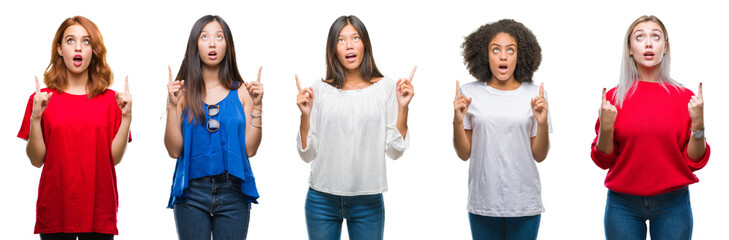 Collage of group of beautiful Chinese, asian, african american, caucasian women over isolated background amazed and surprised looking up and pointing with fingers and raised arms.