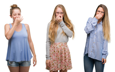 Fototapeta premium Collage of group of blonde women over isolated background smelling something stinky and disgusting, intolerable smell, holding breath with fingers on nose. Bad smells concept.